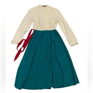 VINTAGE 60s/70s Jeffrey Knit Dress Pleated Top Teal Skirt Red Sash XS